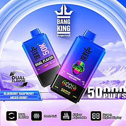 Promotional graphic showcasing Bang King dual-flavor disposable vape devices with blueberry raspberry and mixed berry flavors, featuring 50,000 puffs, mesh coils, adjustable airflow, and digital display, set against a stylized mountainous background.