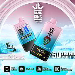 Promotional graphic for Bang King Dual Flavor vape devices, featuring the flavors Red Bull and Blueberry Watermelon against a snowy mountain backdrop with product highlights about 50,000 puffs and adjustable airflow.