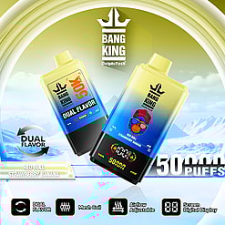 Promotional graphic showcasing Bang King vaping devices with dual flavor options including Red Bull and Strawberry Banana, featuring 50,000 puffs, a digital display, airflow adjustability, and mesh coils in a snowy blue and green gradient background.