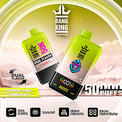Promotional image of Bang King vaping devices featuring dual flavor options and 50,000 puffs, highlighting strawberry mango and strawberry kiwi flavors, with design elements including a digital display and adjustable airflow.