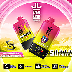 Promotional image showcasing Bang King DelphiTech vaping devices with dual flavors—strawberry mango and watermelon bubble gum—highlighting features like 50,000 puffs, mesh coil, adjustable airflow, and a digital screen display, set against a vibrant mountainous background.