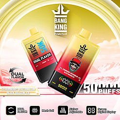 Promotional image featuring Bang King vape devices with vibrant packaging displaying dual flavors: Strawberry Watermelon and Black Dragon Ice, along with product features such as mesh coil, adjustable airflow, screen digital display, and 50,000 puffs capability.