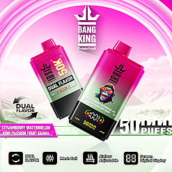 Promotional image featuring two Bang King e-liquid devices displaying dual flavor options of Strawberry Watermelon and Kiwi Passion Fruit Guava, with the tagline '50,000 Puffs' and highlighting features like mesh coil, adjustable airflow, and digital screen display.