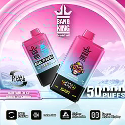 Promotional graphic for Bang King vape devices featuring dual flavors, Watermelon Ice and Blueberry Cherry, highlighting features such as 50,000 puffs, mesh coil, adjustable airflow, and digital screen display against a bright, icy background.