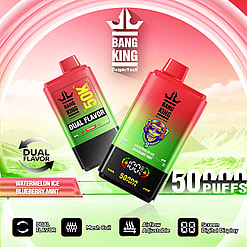 Promotional image showcasing Bang King vape devices in watermelon ice and blueberry mint flavors, featuring dual flavor technology, mesh coil, adjustable airflow, and a digital screen, with a background of landscape and highlights of 50,000 puffs.