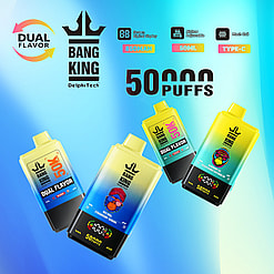 Promotional image for Bang King vape devices featuring three dual-flavor models with digital display, 850mAh battery, 50ml capacity, and Type-C charging, highlighting 50,000 puffs and adjustable airflow features.