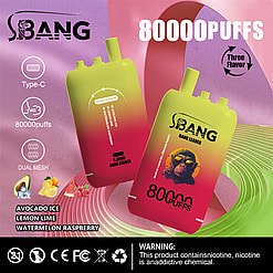 Product advertisement for S.Bang Bang Leader vape device with 80000 puffs, featuring triple flavors: Avocado Ice, Lemon Lime, and Watermelon Raspberry, presented against a colorful textured backdrop with warning text about nicotine addiction.