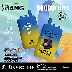 Advertisement for S.Bang Bang Leader vape product featuring two devices, highlighting its 80,000 puff capacity, Type-C charging, dual mesh technology, and triple flavors including Blueberry Ice and Mango Peach, with a warning about nicotine content.