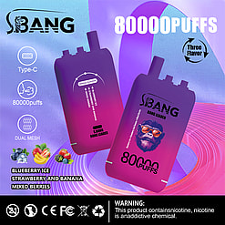 Promotional display of Sbang electronic vaping devices in vibrant purple and pink hues, highlighting 80,000 puffs capacity and triple flavor availability including Blueberry Ice, Strawberry and Banana, and Mixed Berries, with a warning regarding nicotine content visible at the bottom.