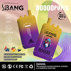 Promotional image featuring the S.BANG Bang Leader vaping device advertising 80,000 puffs, triple flavor options including blueberry watermelon, strawberry mango, and blackcurrant, Type-C charging, dual mesh technology, and regulatory compliance icons, with a warning about nicotine content.