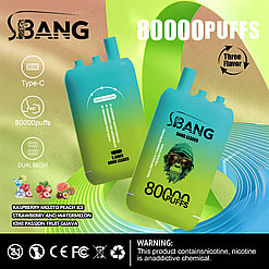 Promotional graphic for the S-Bang Bang Leader vaping product displaying two gradient-colored device pods, labeled with flavors like Raspberry Mojito Peach Ice and 80000 puffs, set against a green and blue abstract background, with warnings about nicotine.