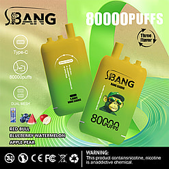 Promotional image featuring S-BANG Bang Leader vaping devices highlighting 80000 puffs and triple flavors, with an emphasis on Red Bull, Blueberry Watermelon, and Apple Pear, alongside warnings about nicotine content and certifications displayed.