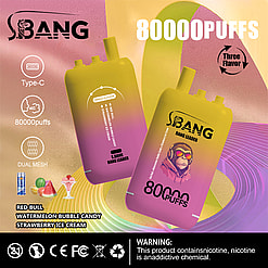 Promotional display featuring S Bang brand vaping devices advertising 80,000 puffs and triple flavors including Red Bull, Watermelon Bubble Candy, and Strawberry Ice Cream, set against a colorful background with warning text about nicotine.