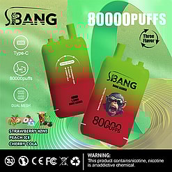 Promotional image for a vape device featuring specifications such as 80000 puffs, type-C charging, dual mesh, triple flavor options including strawberry kiwi, peach ice, and cherry cola, with a nicotine warning at the bottom.