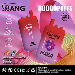 Promotional image featuring two S.Bang Bang Leader vaping devices in red with highlights, emphasizing 80000 puffs, Type-C charging, dual mesh coils, and triple flavor options including strawberry watermelon, grape ice, and rainbow candy.