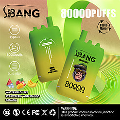 Promotional image showcasing S.BANG vaping devices with 80000 puffs, featuring Type-C charging, dual mesh coils, and flavors including watermelon ice, strawberry and mango, and banana. Includes a health warning regarding nicotine addiction.