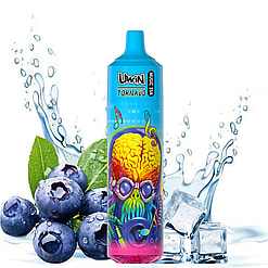 A colorful vape pen branded as 'Uwin Tornado Music 35k' featuring vibrant artwork of a brain and gas mask design, placed amidst fresh blueberries, ice cubes, and splashing water for an energetic and refreshing aesthetic.