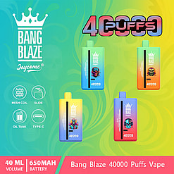 Promotional image featuring vibrant Bang Blaze vape devices with 40,000 puff capacity, 650mAh battery, and mesh coil technology, displayed against a colorful gradient background.