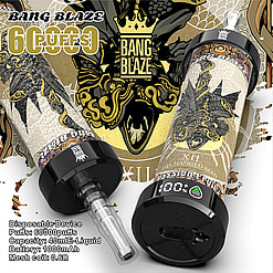 Promotional image for the Bang Blaze disposable vape device featuring ornate gold and black designs, specifications such as 60,000 puffs, 40ml E-liquid capacity, and a focus on Passionfruit flavor.