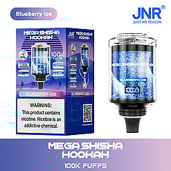 Promotional display featuring a 'Blueberry Ice' flavored Mega Shisha Hookah product with packaging and device showcased, emphasizing '100K puffs' and safety warnings.