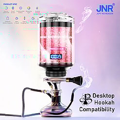 A pink electronic hookah head labeled 'Mega Shisha Hookah Peach Ice' connected to a glass desktop hookah base with a smoke design in a modern advertising layout.