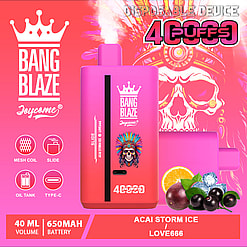 Promotional image showcasing the Bang Blaze Joycome disposable vaping device in pink color with branding elements, features 40ml volume, 650mAh battery, and flavor information (Acai Storm Ice).