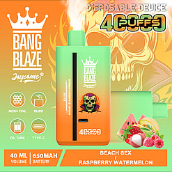 Promotional image for Bang Blaze disposable vaping device with a crown logo, featuring the flavors Beach Sex and Raspberry Watermelon, device capacity of 40 ml, 650 mAh battery, and colorful fruity graphics against a vibrant background.