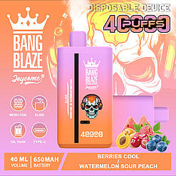 Promotional image of a disposable vaping device named Bang Blaze Joycome, featuring 4000 puffs, 40ml volume, 650mAh battery, with flavor options 'Berries Cool' and 'Watermelon Sour Peach'; colorful design illustrated with fruits and a skull graphic.