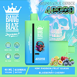 Promotional image for Bang Blaze Joycome disposable vaping device, featuring 4000 puffs with flavors Kiwi Passion Fruit Guava and Blueberry Cherry, displayed with product highlights and fruit visuals against a colorful design background.