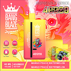 Promotional image for a Bang Blaze disposable vaping device featuring a colorful design and specifications including 40ml volume, 650mAh battery, and flavors mango peach watermelon, with vibrant artwork and product branding.