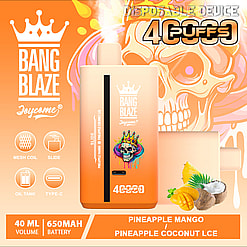 Promotional image for Bang Blaze disposable vape device featuring 40ml pineapple mango and pineapple coconut ice flavors, with a stylized skull design, orange gradient background, and details like mesh coil and USB Type-C port.