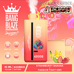 Promotional image of Bang Blaze disposable vape with strawberry-banana and passion fruit-kiwi flavors, featuring a crown logo and bright packaging details.