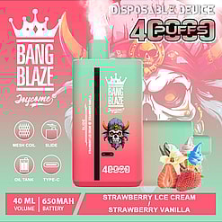 Promotional image for Bang Blaze Joycome disposable vaping device featuring strawberry ice cream and vanilla flavors, with vibrant design elements and key specifications highlighted including 40ml volume, 650mAh battery, and 4000 puffs.
