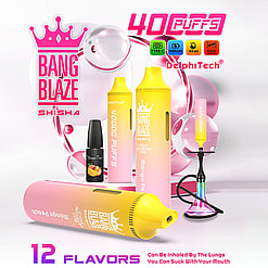Promotional image featuring colorful shisha vape devices labeled 'Bang Blaze' with '40,000 Puffs' capability, alongside flavor bottles and a hookah setup under the text '12 Flavors'.