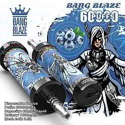 Promotional display of Bang Blaze disposable vaping device featuring blueberry flavor, illustrated blue artwork, and specified parameters such as 60000 puffs and a 1000mAh battery.