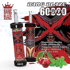 Promotional image of Bang Blaze disposable vape device showcasing features like 60,000 puffs, Cherry Mint flavor, 40ml e-liquid capacity, 1000mAh battery, and 0.6Ω mesh coil, with stylized red and black devil-themed graphics and accompanying cherry and mint illustrations.