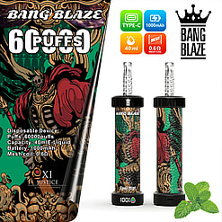 Promotional image featuring Bang Blaze disposable vaping devices with an artistic skeleton design, labeled with product specifications including 60000 puffs, 40ml e-liquid capacity, 1000mAh battery, 0.6Ω mesh coil, and Cool Mint flavor option.