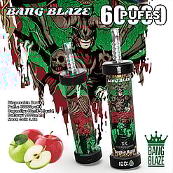 Promotional image for Bang Blaze disposable vape featuring artwork and specifications, highlighting Double Apple flavor, 6000 puffs capacity, and a 1000mAh battery, surrounded by design elements including apples and green-red themed graphics.