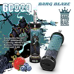 Promotional image featuring the Bang Blaze disposable vaping device with 60000 puffs, mixed berries flavor, and 1000mAh battery capacity, alongside graphical design and fruit imagery.