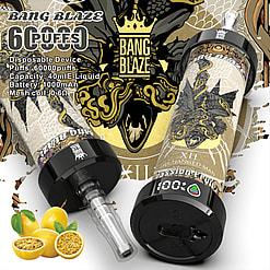 Promotional image of a Bang Blaze 6000 puffs disposable vape device with intricate design and passion fruit flavor, featuring golden branding and graphical elements.