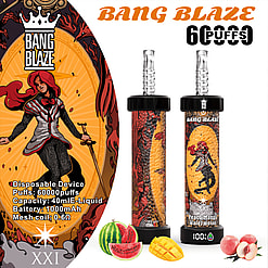A promotional image showcasing the Bang Blaze disposable vaping device featuring vibrant artwork of a red-haired character and product specifications such as 6000 puffs, 1000mAh battery, 40ml e-liquid capacity, and peach, mango, watermelon flavor. Accompanying graphics include sliced watermelon, mango, and peach illustrations.
