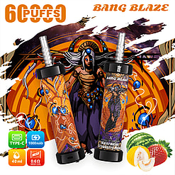 Promotional image featuring Bang Blaze e-cigarettes with a fantasy-themed illustration, offering 6000 puffs and flavors like watermelon, strawberry, and melon.