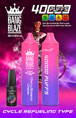 Advertisement for Bang Blaze Shisha featuring two colorful e-shisha devices labeled "40,000 PUFFS" and a small bottle of flavor concentrate, set against a vibrant pink background with hookah and vapor imagery.