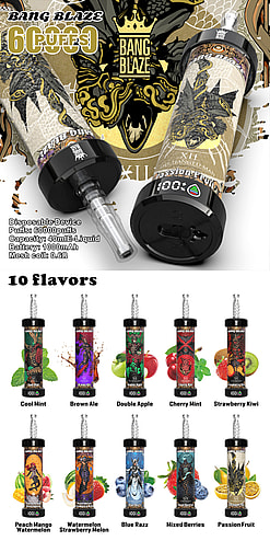 Promotional image featuring Bang Blaze disposable vaping devices, displaying the product design, specifications, and the ten available flavors such as Cool Mint, Strawberry Kiwi, and Blue Razz.