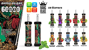 Promotional display for Bang Blaze disposable vaping devices featuring a variety of vibrant designs, specifications such as 60000 puffs, 40ml e-liquid capacity, 1000mAh battery, and 0.6Ω mesh coil, alongside visual representations of ten available flavors including Cool Mint, Brown Ale, Double Apple, Cherry Mint, Strawberry Kiwi, Peach Mango Watermelon, Watermelon Strawberry Melon, Blue Razz, Mixed Berries, and Passion Fruit.