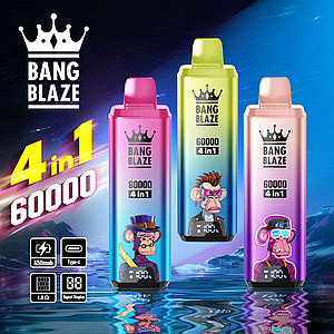 Marketing image of Bang Blaze 4-in-1 vaping devices with a capacity of 60,000 puffs, featuring colorful designs with stylized ape characters against a neon-lit water reflection background.