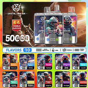 Promotional image for Crystal Twin 50K vaping devices featuring double flavor cartridges, offering 50,000 puffs, dual mesh coil technology, 40ml capacity, 850mAh battery with Type-C port, displayed with ten flavor options and colorful astronaut-themed packaging.