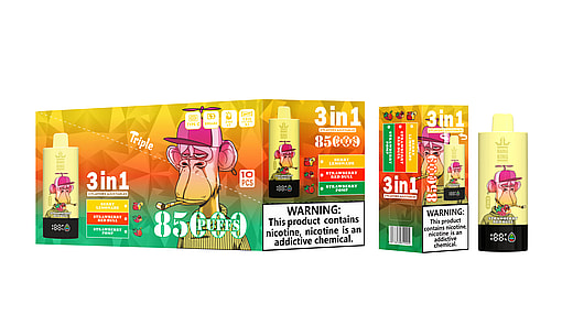 Product packaging for a 3-in-1 disposable vape with a cartoon monkey wearing a pink cap, featuring flavors like Berry Lemonade, Strawberry Red Bull, and Strawberry Pomp, with a warning about nicotine addiction.