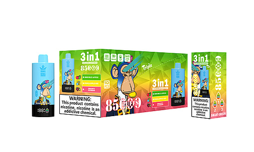 Illustrated packaging of 3-in-1 flavored vape product with warning about nicotine addiction, featuring cartoon monkey design and flavor options including Double Apple, Pineapple Ice, and Fruity Fusion.