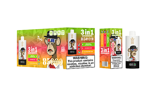 Packaging for Bang King disposable vape featuring a stylized monkey illustration and text detailing three flavors: Ice Tea Lemon Ice, Lychee Ice, and Mango On Ice, with a warning label about nicotine addiction and product specifications.